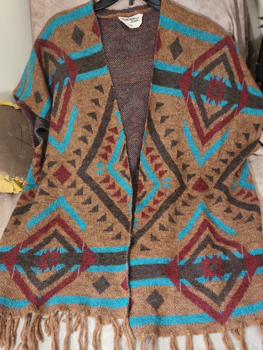 Southwestern Open-Front Fringe Cardigan Sweater - Brown/Turquoise/Maroon